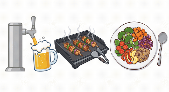 ビールサーバーから注ぐ・鉄板で加熱調理するイラスト